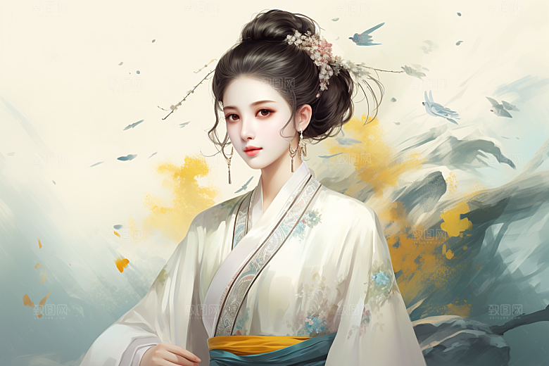 新中式美女文艺高清插画