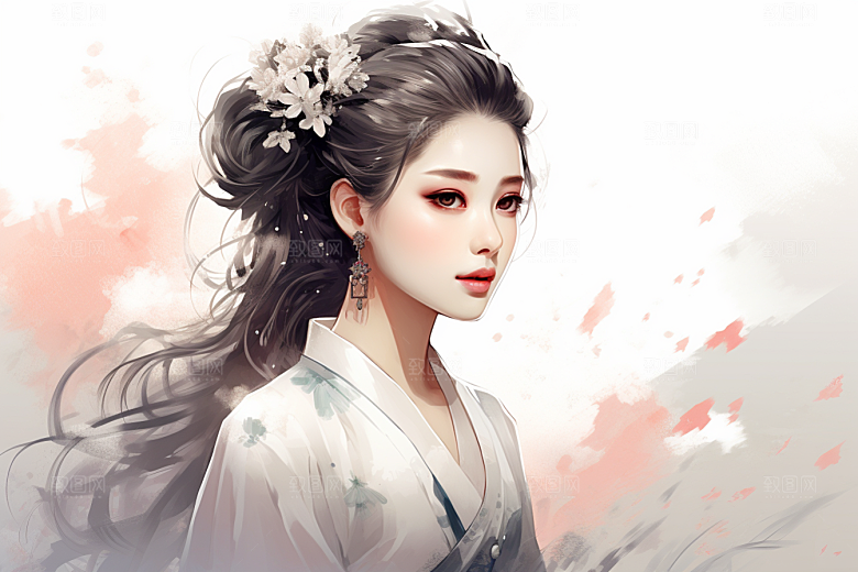 新中式美女温婉手绘插画