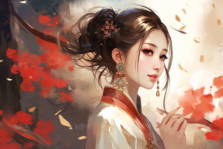 新中式美女文艺水墨插画