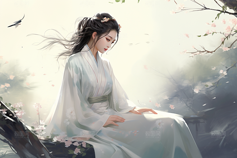 新中式美女水墨高清插画