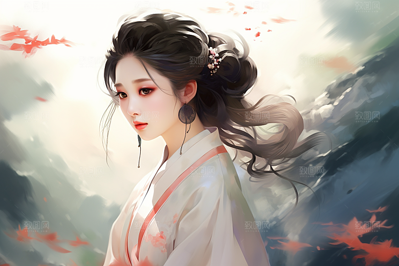 新中式美女文艺水墨插画