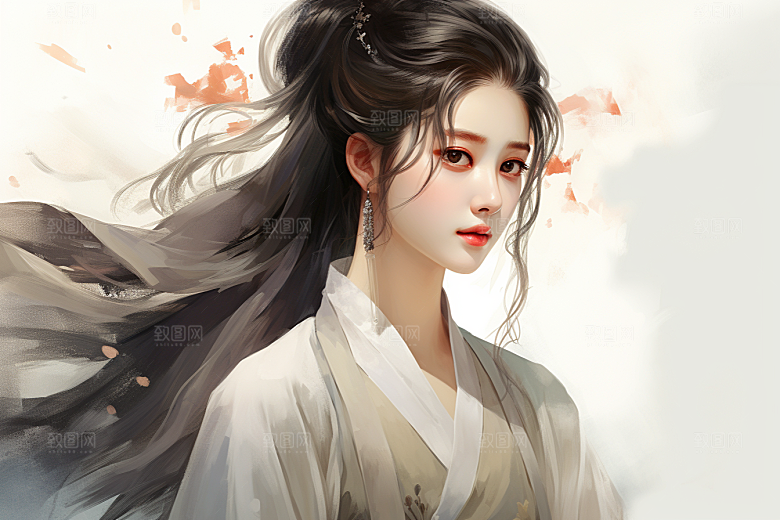 新中式美女唯美水墨插画