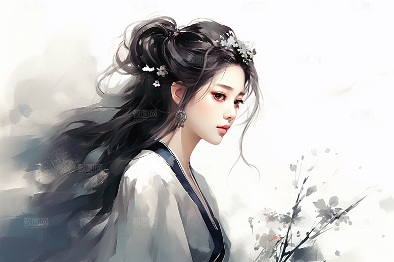 新中式美女水墨手绘插画
