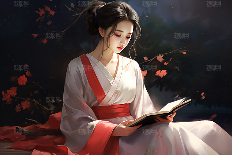 新中式美女中国风水墨插画