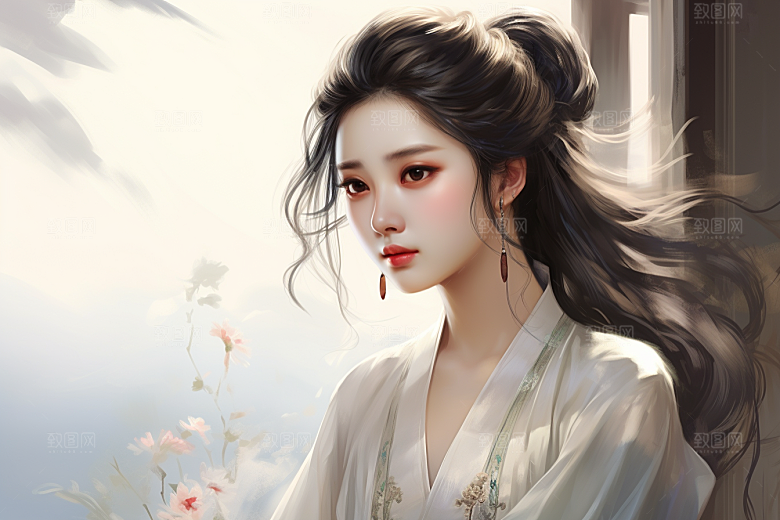 新中式美女水墨中国风插画