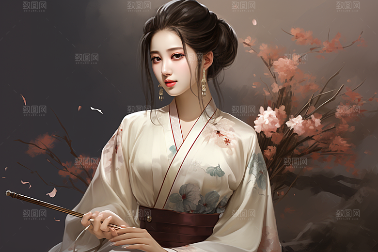 新中式美女水墨高清插画