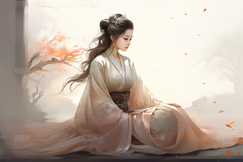 新中式美女手绘高清插画