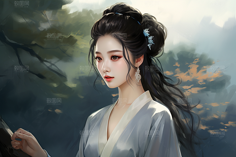 新中式美女艺术文艺插画