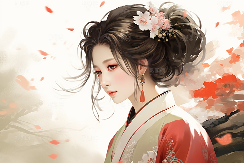 新中式美女文艺艺术插画