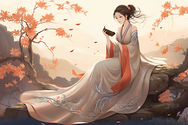 新中式美女手绘高清插画