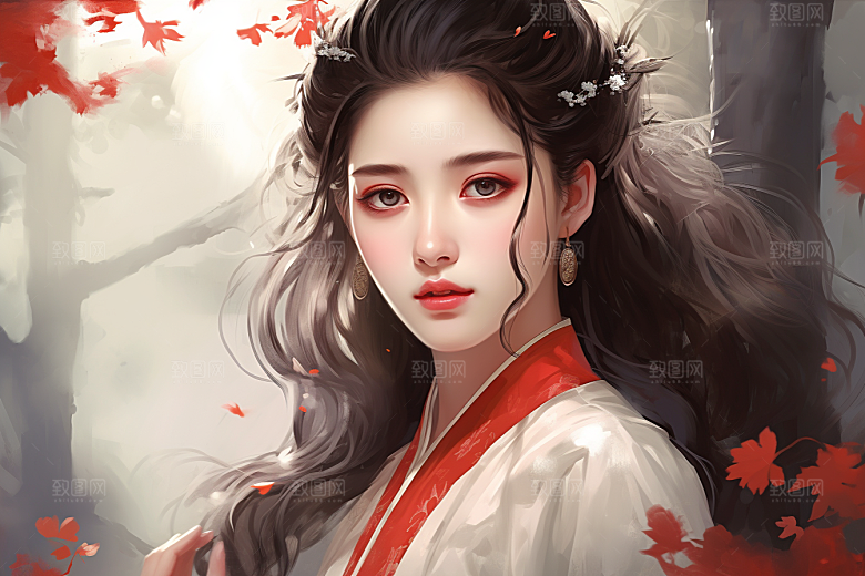 新中式美女艺术手绘插画