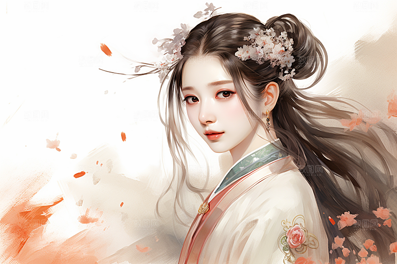 新中式美女手绘高清插画
