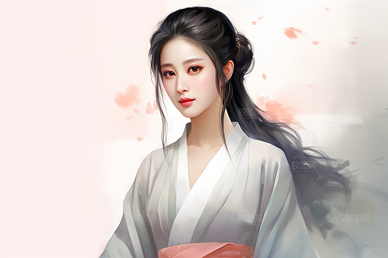 新中式美女手绘高清插画