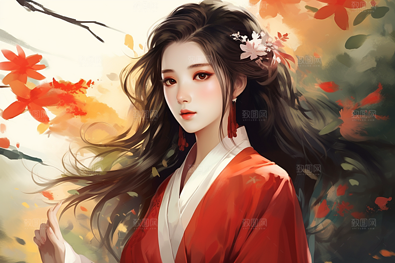 新中式美女水墨文艺插画