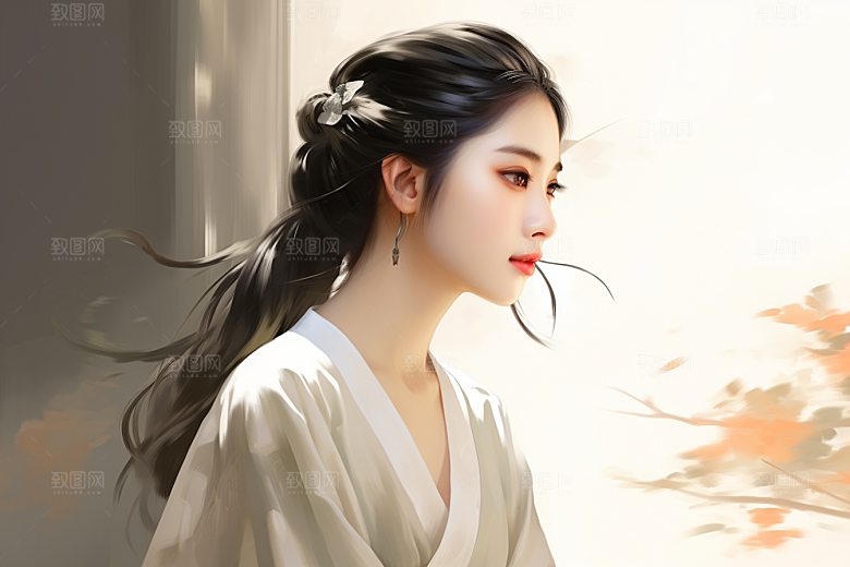 新中式美女文艺艺术插画