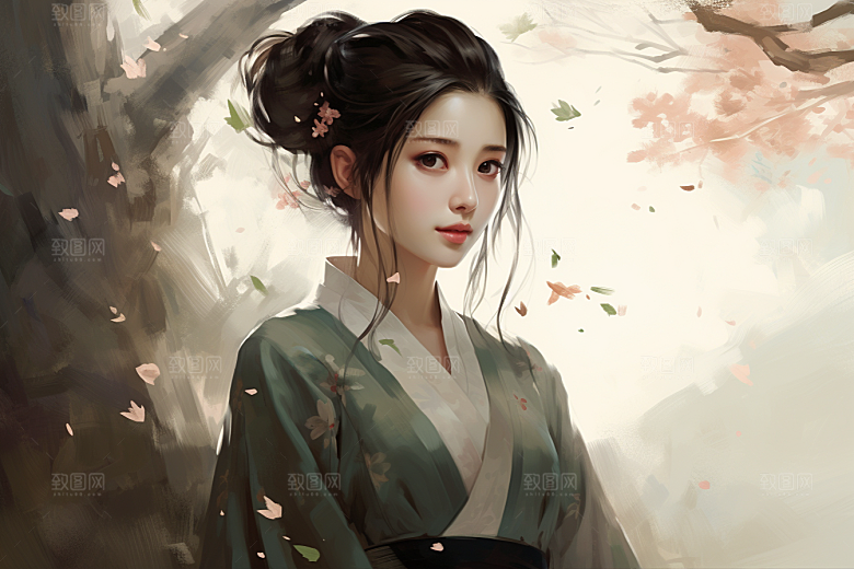 新中式美女手绘艺术插画