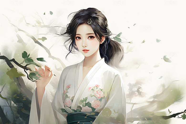 新中式美女文艺手绘插画