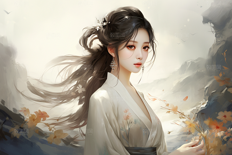 新中式美女温婉手绘插画