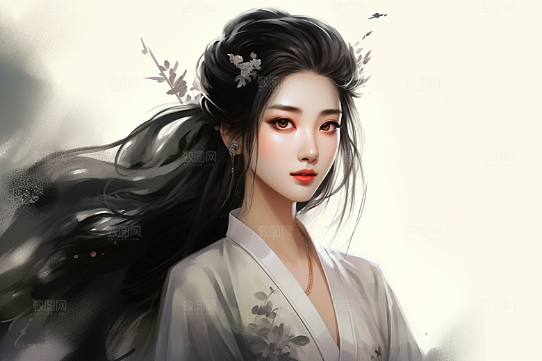 新中式美女文艺水墨插画