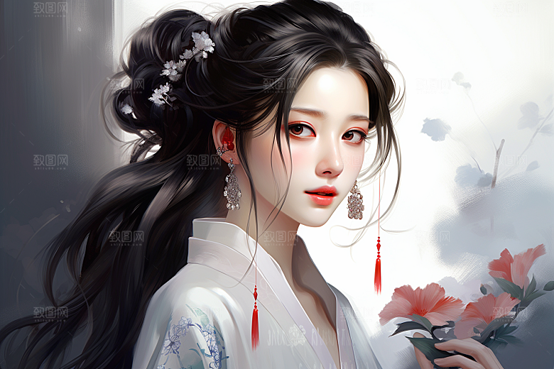 新中式美女温婉高清插画