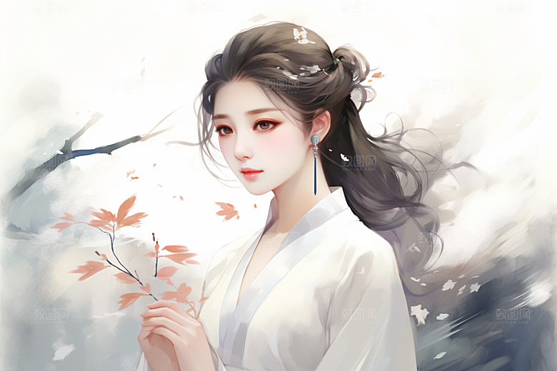 新中式美女水墨艺术插画