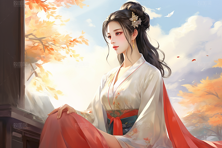新中式美女温婉文艺插画