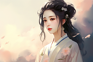 新中式美女温婉手绘插画