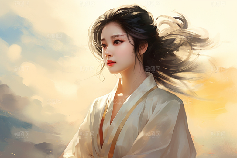 新中式美女水墨文艺插画