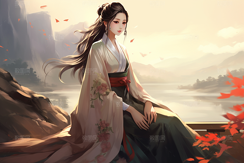 新中式美女水墨中国风插画