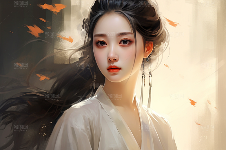 新中式美女中国风水墨插画