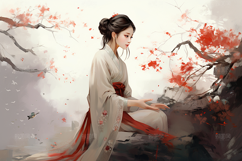 新中式美女唯美中国风插画