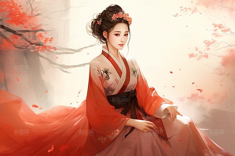 新中式美女中国风水墨插画