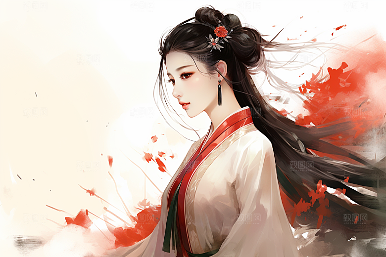 新中式美女文艺艺术插画