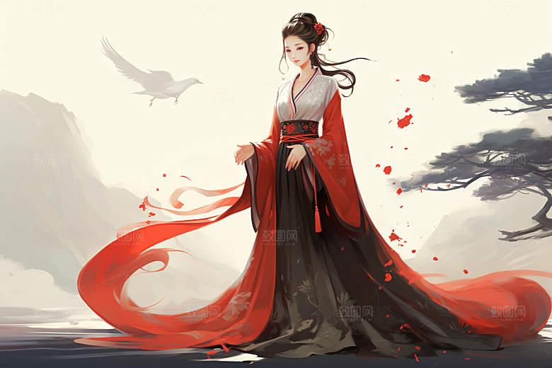 新中式美女手绘水墨插画