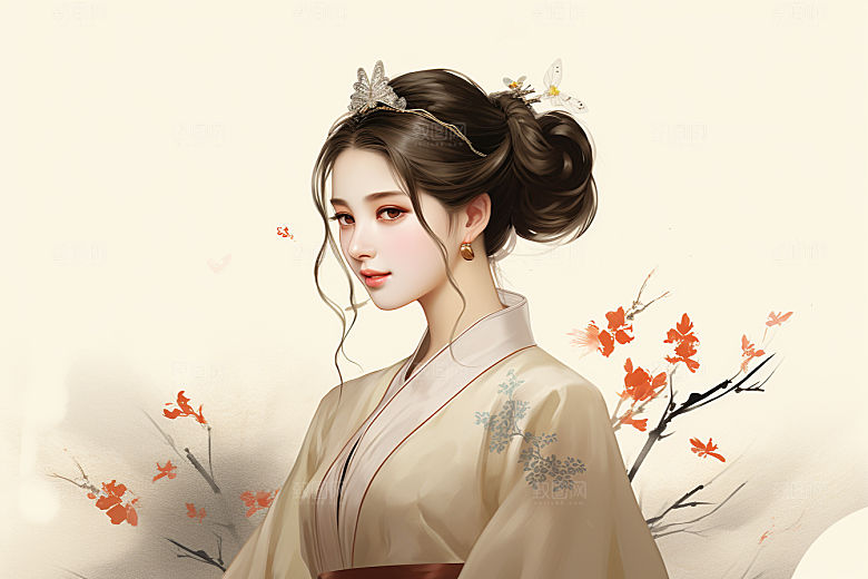 新中式美女文艺水墨插画