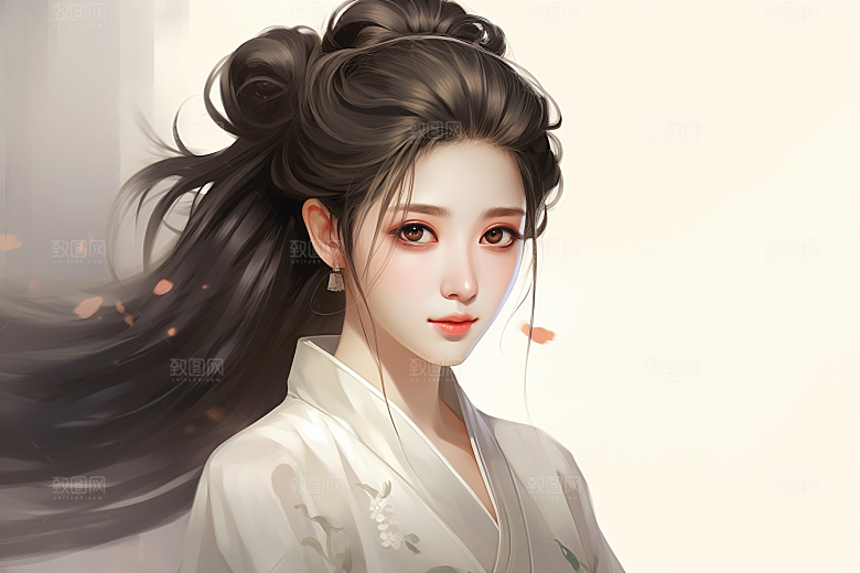 新中式美女艺术水墨插画