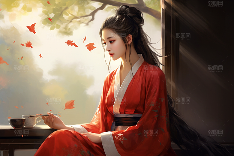新中式美女水墨唯美插画