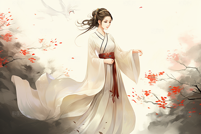 新中式美女水墨艺术插画