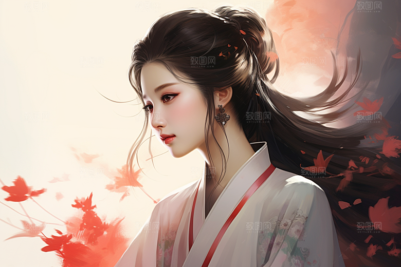 新中式美女水墨手绘插画
