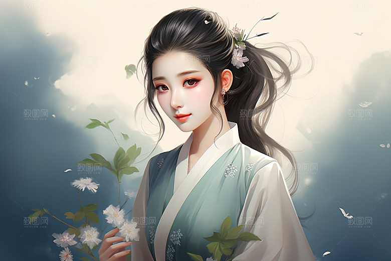 新中式美女手绘唯美插画