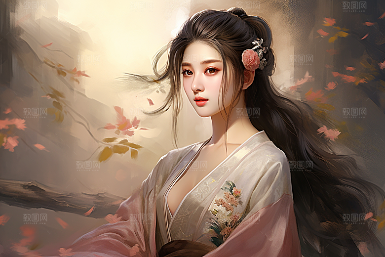 新中式美女温婉水墨插画
