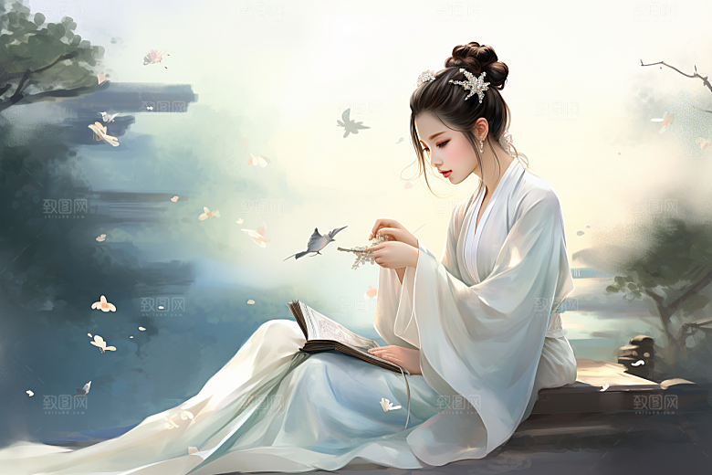 新中式美女温婉唯美插画