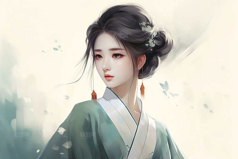 新中式美女唯美手绘插画