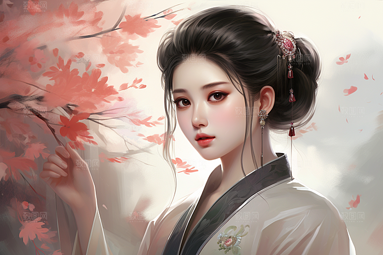 新中式美女高清手绘插画
