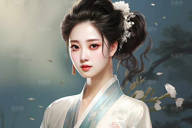 新中式美女温婉高清插画