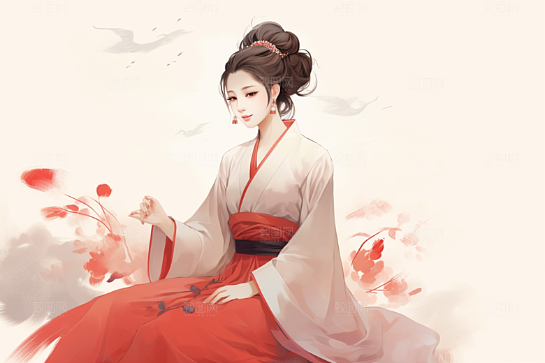 新中式美女中国风水墨插画