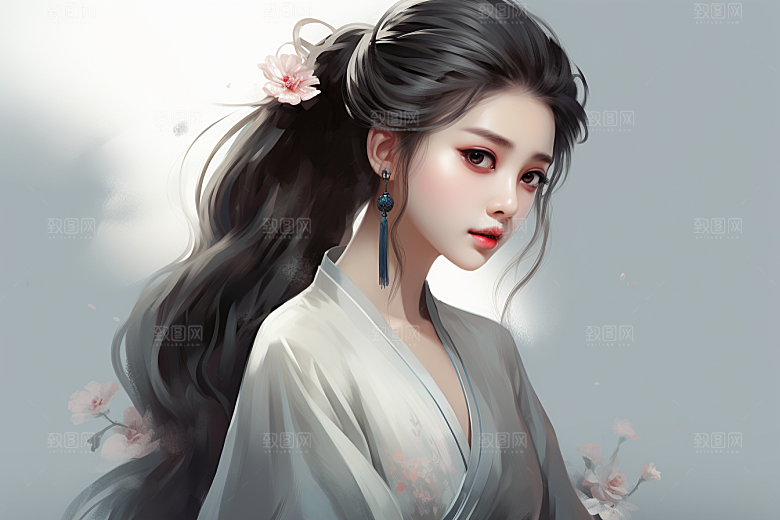 新中式美女唯美文艺插画