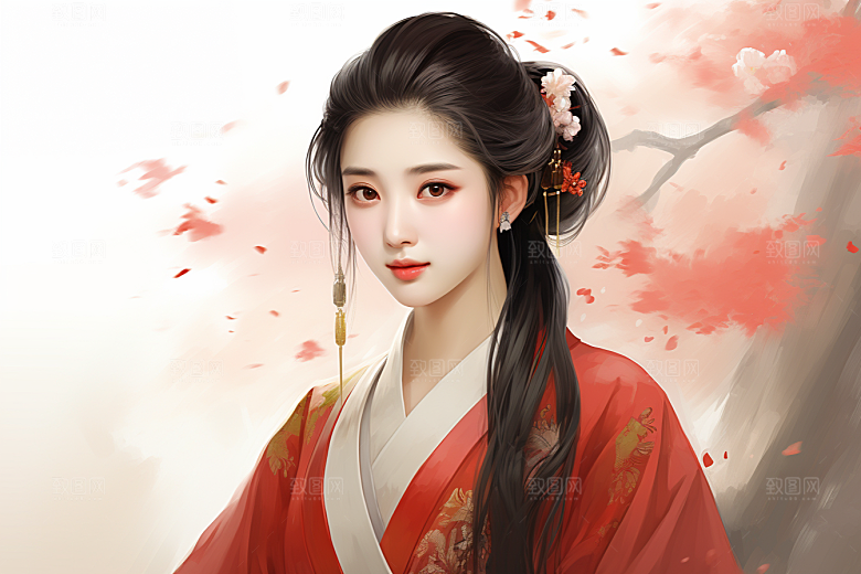新中式美女中国风水墨插画