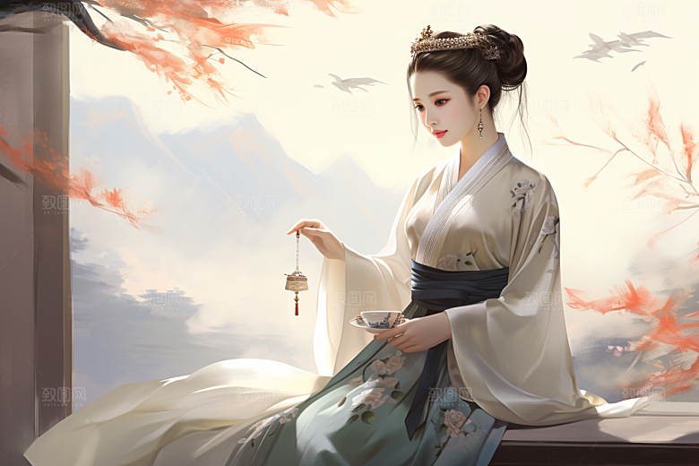新中式美女艺术文艺插画
