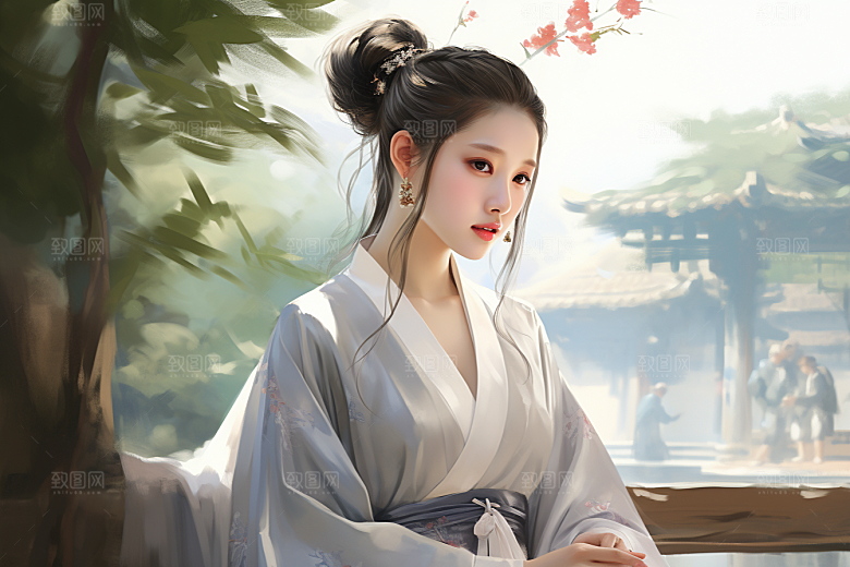 新中式美女温婉高清插画